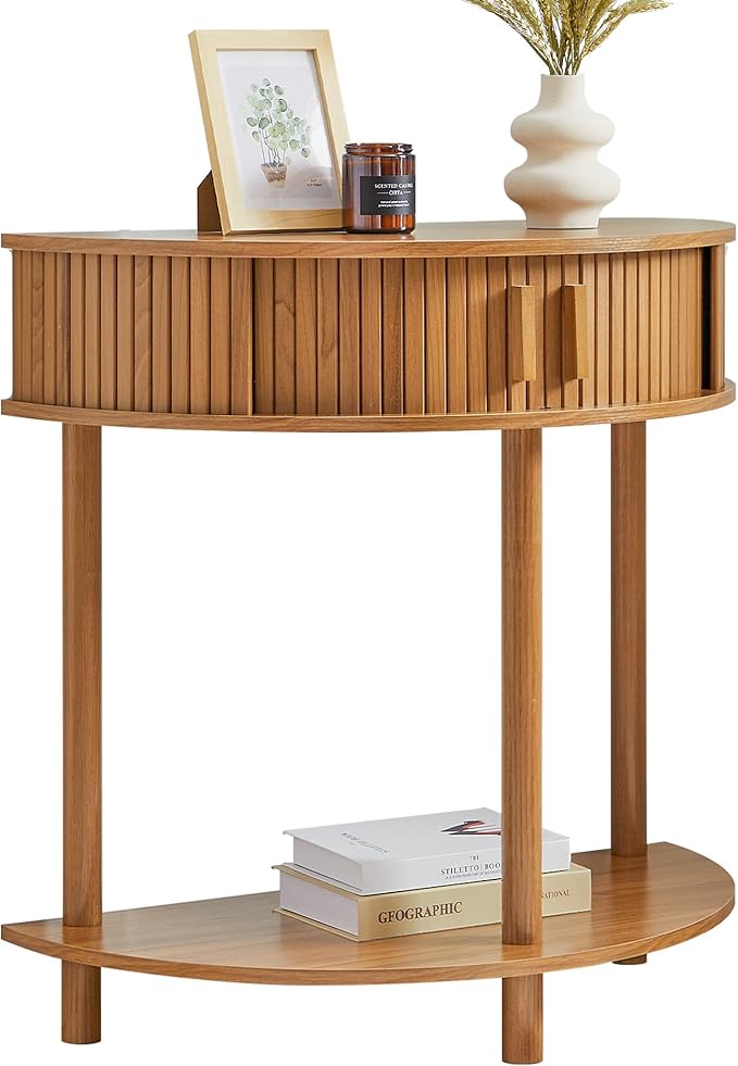 Living Room Furniture Janmer Home Entryway Table, Half Moon Fluted Console Tables with Storage, Mid Century Modern Small Half Round Sofa Tables for Hallway, Narrow Curved Accent De