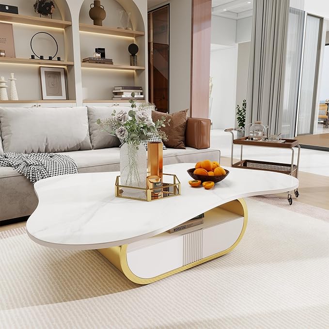 Living Room Furniture poneeridea 41.7" White Faux Marble Coffee Table with Drawer Open Shelf,Irregular Gold Luxury Center Table for Living Room