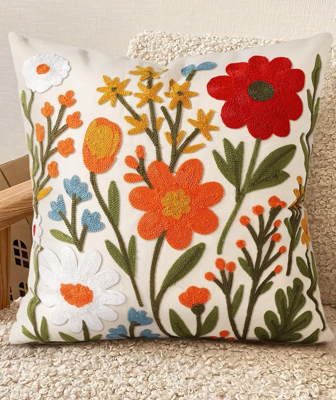Living Room Decor Kokaaee Embroidered Throw Pillow Cover 18x18 Inch - Spring Summer Boho Decorative Pillow Cover with Zipper for Living Room Couch Sofa Bed Aesthetic Design Flower