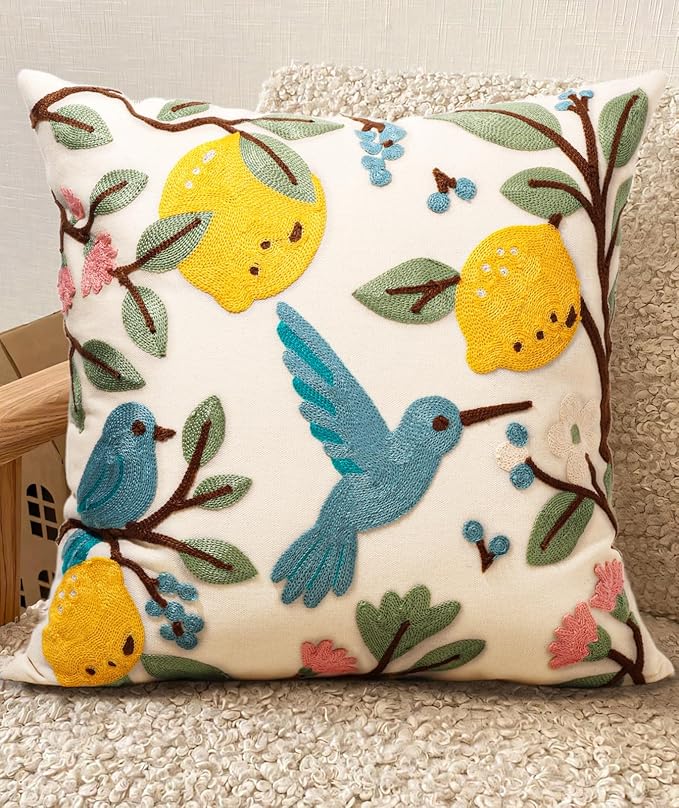 Living Room Decor Kokaaee Embroidered Throw Pillow Cover 18x18 Inch - Spring Summer Boho Decorative Pillow Cover with Zipper for Living Room Couch Sofa Bed Aesthetic Design Bird Le