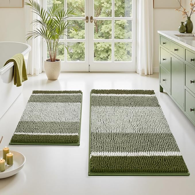 Bathroom Decor HOMEIDEAS HOMEIDEAS Sage Green Bathroom Rugs, 2 Piece Thick Absorbent Fluffy Striped Chenille Bath Rugs Set
