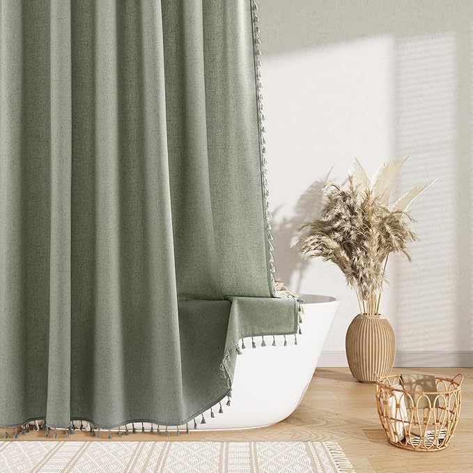 Bathroom Decor Nanspring Nanspring Sage Green Boho Linen Shower Curtain 72 Inch Length Vintage Farmhouse Weighted Tassel Design Green Shower Curtain for Bathroom with Hooks Bohemia