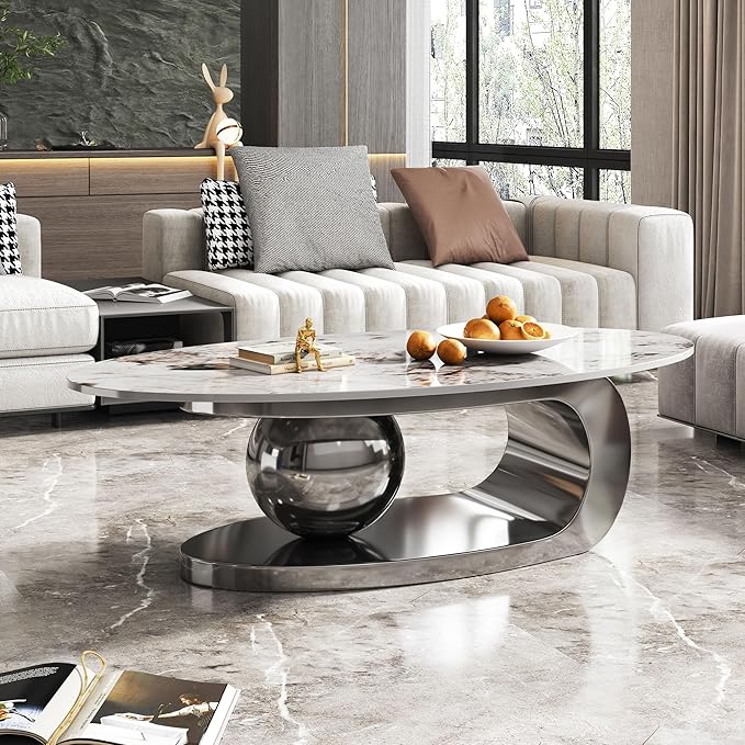 Living Room Furniture Glintee 49.2" Modern Oval Marble Coffee Table – Gray Stainless Steel Base, Scratch-Resistant, Easy Assembly