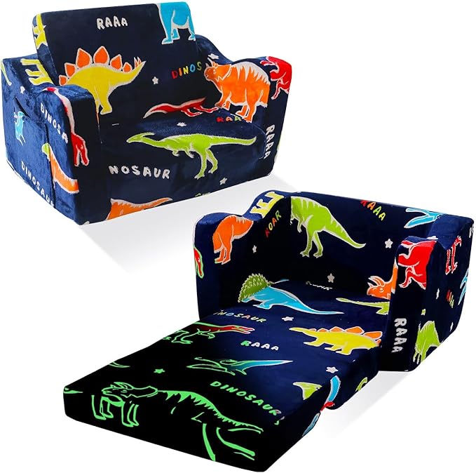 Living Room Furniture ONEKUKA Kids Couch Toddler Sofa Dinosaur Glow in the Dark 2-in-1 Foldable Toddler Couch Bed Flip Open Kids Sofa Chair for Boys Girls Gift