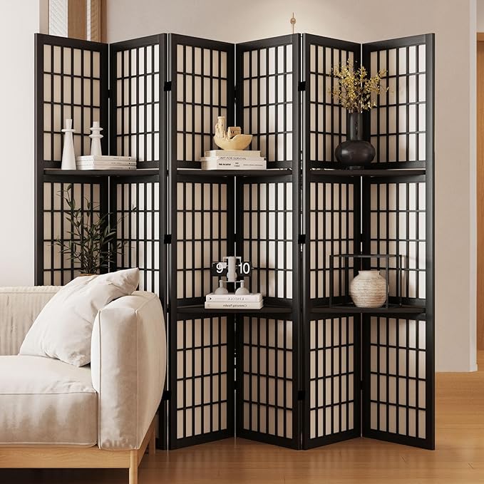Living Room Furniture Svimi Room Divider with Shelves, 66.9-Inch Tall Japanese Shoji Style Wood Screen with Double Hinges for Home Office Decoration (6 Panels, Black)