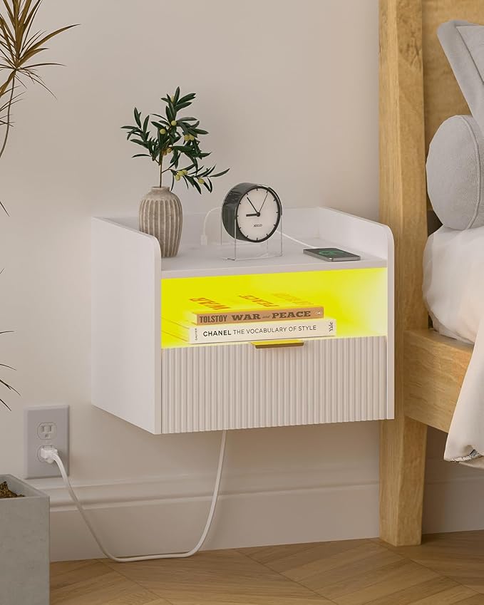 Bedroom Furniture Veegle White Floating Nightstand with Charging Station and LED Lights (White)