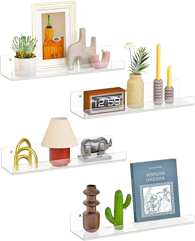 Bathroom Furniture Dooiclear 4 Pack Floating Shelves for Wall, 15" Clear Book Shelf