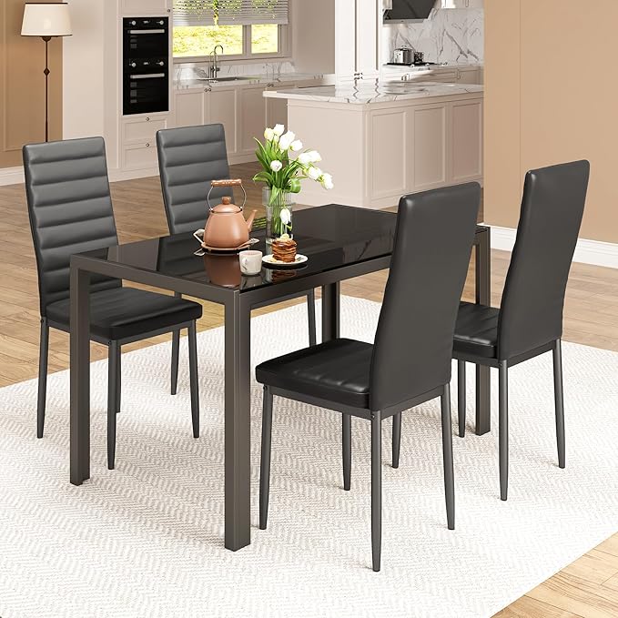 Living Room Furniture Bealife Bealife Kitchen Dining Table Set for 4, Tempered Glass 5 Piece Table and Chairs Set Modern for Home, Kitchen, Living Room, Dining Room (Black)