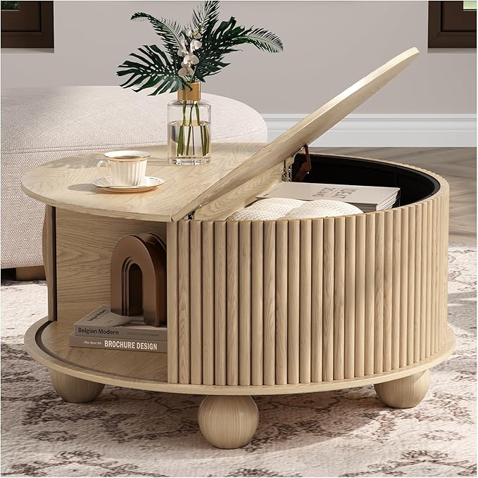 Living Room Furniture JOINICE Round Coffee Table with Storage, 31.5" Natural Oak Fluted Drum Center Table, Scandi Japandi Wood Circle Table with Sliding Door & Bun Feet for Living