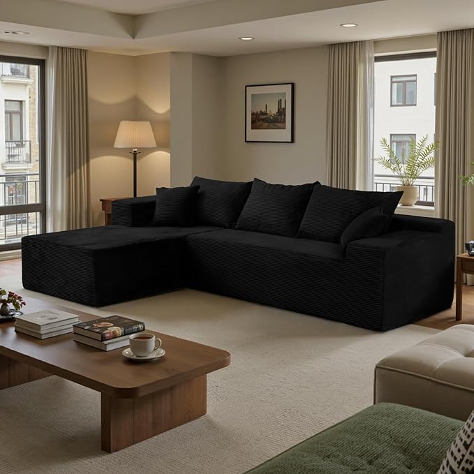 Living Room Furniture SIMTONAL Black Sectional Couches for Living Room, Boneless Couch with L-Shape Chaise, Modular Sofa in Box with Deep Seat, No Assembly Required