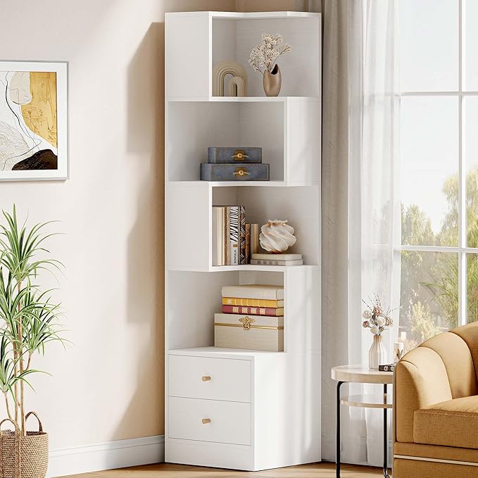 Living Room Furniture IRONCK IRONCK Corner Bookshelf, 70.87" Tall Corner Bookcase with Drawers, Corner Shelf Storage Display Rack for Living Room Home Office, White