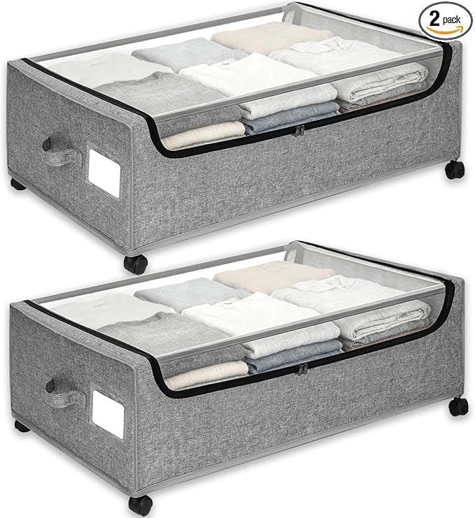 Bedroom Storage JALUNIVERSAL TRI Under Bed Storage with Wheels, 2-Pack Under the Bed Storage Containers with Clear Lids & Label, Underbed Storage Bins, XXXL 85L 11 inches Rolling M