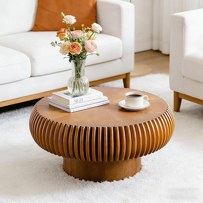Living Room Furniture WUPDPQS Round Coffee Table for Living Room Modern Brown Fluted Coffee Table Round Drum Coffee Tables Low Circle Pedestal Center Table for Small Spaces (A Brown)