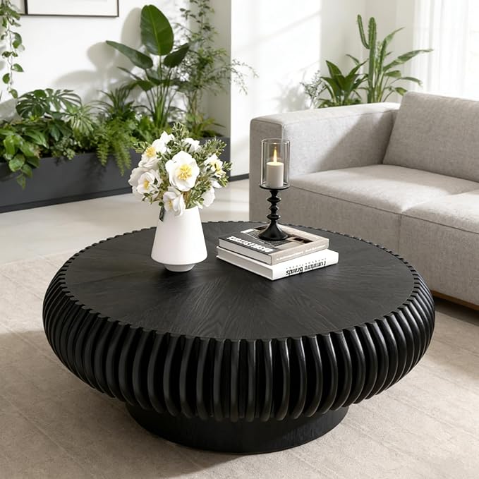 Living Room Furniture WUPDPQS Round Coffee Table for Living Room Modern Black Fluted Coffee Table Round Drum Coffee Tables Low Circle Pedestal Center Table for Small Spaces (A Black)