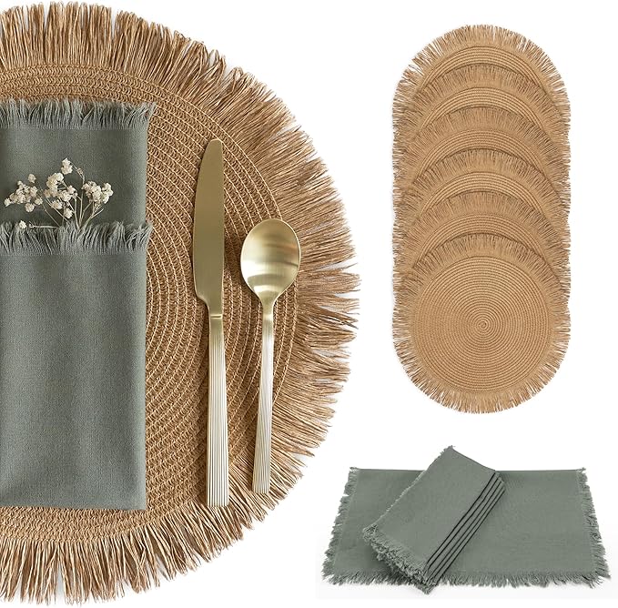 Kitchen Decor KIBAGA Decorative Boho Table Placemats Set of 6 with Matching Linen-Textured Napkins - Beautiful Natural Decor Elevates Your Dining Room or Kitchen Setting