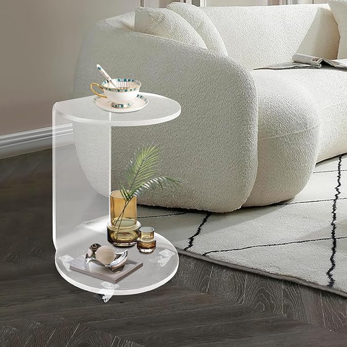 Living Room Furniture Yellulu Clear Acrylic Side Table | Mobile C Shaped End Table | Round acrylic Side Sofa Table with Wheels | Rolling Decoration Table for Living Room