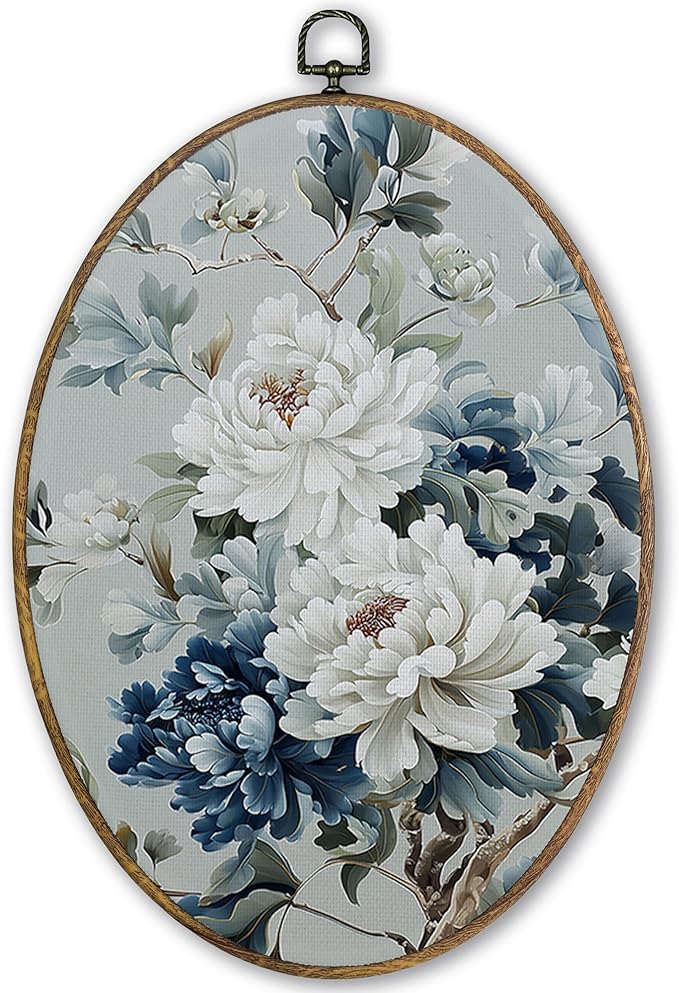 Living Room Decor TLESKE TLESKE Vintage Chinoiserie Peony Floral Oval Wall Art Decor Framed 9x12, Oriental Asian Botanical Canvas Wall Art Prints Artwork, Japandi Japanese Wall Han
