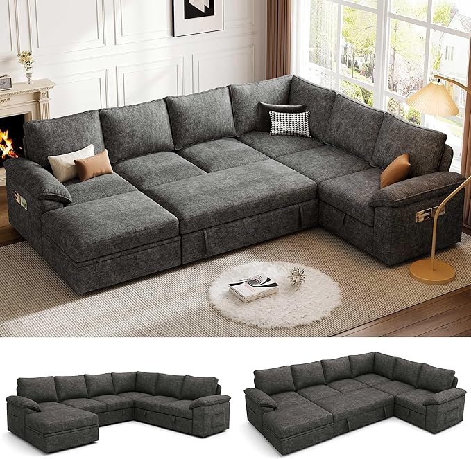 Living Room Furniture SUAWY 108 Inch Sectional Sleeper Sofa with Pull Out Bed, U Shaped 7 Seat Modular Sectional Sofa with Storage, Sectional Couches for Living Room, Cloud Modular