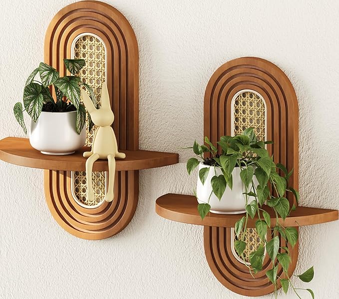 Living Room Furniture Hongsane Floating Shelves for Wall, Boho Home Wall Decor,Rattan Plant Shelf Set of 2, Mid Century Small Decorative Shelf, Natural Wood Shelves for Living Room