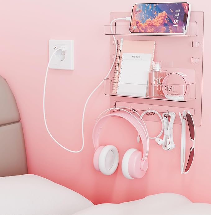 Bedroom Furniture Yieach Yieach Bedside Shelf for Dorm Bed,Rv,Small Room and Nightstand,Wall Mounted Floating Shelves and Bedside Wall Organizer for Remote,Phone Holder,Charging Sh