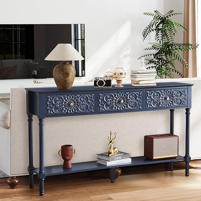Living Room Furniture weselon weselon 55.5" Carved Console Table with 3 Drawers, 2-Tier Sofa Table with Glossy Floral Surface and Solid Wood Legs, Mid-Century Modern Entryway Table