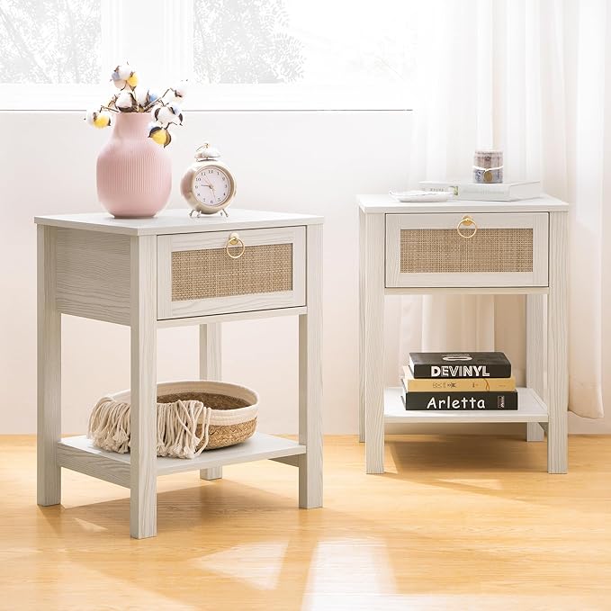 Bedroom Furniture SICOTAS SICOTAS White Nightstand Set of 2,Rattan Decor Drawer with Brass Knobs Night Stand Bedside Table Boho End Tables Side Tables with Storage Shelf for Bedroom,Small Space