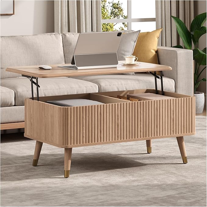 Living Room Furniture Vanvuson Lift Top Coffee Table with Storage, Mid Century Modern Coffee Table with Solid Wood Legs, 38" Minimalist Fluted Center Table for Living Room, Home Of