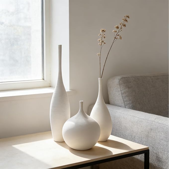 Living Room Decor DecoVlog White Ceramic Vase Set of 3, Modern Boho Vases for Centerpiece Decor, Matte Minimalist Decorative White Vases Home Decor, for Living Room, Bookshelf, and