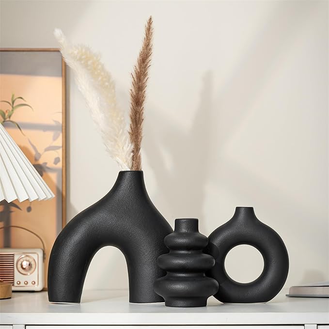 Living Room Decor REONROCK White Ceramic Vases Set of 3, Minimalist Nordic Modern Style, Round Donut Vase for Dried Flowers, Pampas Grass & Fresh Blooms,Boho Home Decor for Table S