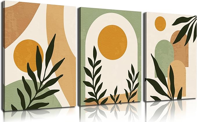 Living Room Decor SKYRISE Boho Sun Canvas Wall Art Set of 3, Neutral Abstract Minimalismt Bohemian Geometric & Botanical Plants Pictures Prints Artwork Paintings Wall Decor for Bed