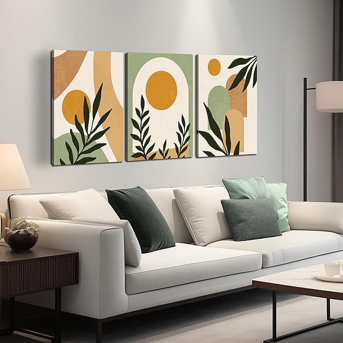 Living Room Decor SKYRISE Boho Sun Canvas Wall Art Set of 3, Neutral Abstract Minimalismt Bohemian Geometric & Botanical Plants Pictures Prints Artwork Paintings Wall Decor for Bed