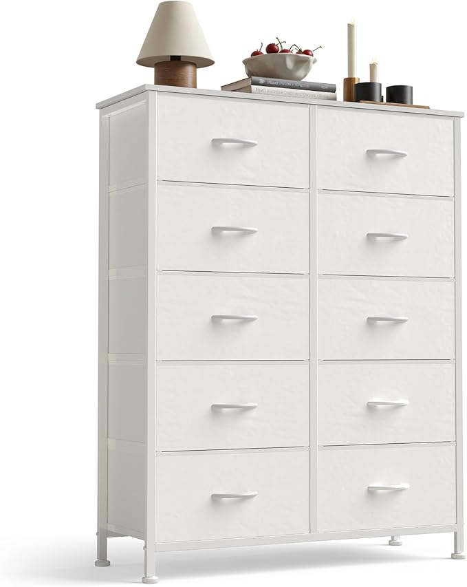Bedroom Furniture Sweetcrispy Sweetcrispy 10 Drawer Fabric Dresser Storage Tower with Bins, Tall Chest Organizer for Bedroom Closet Hallway, Steel Frame Wood Top Easy Pull Handles,