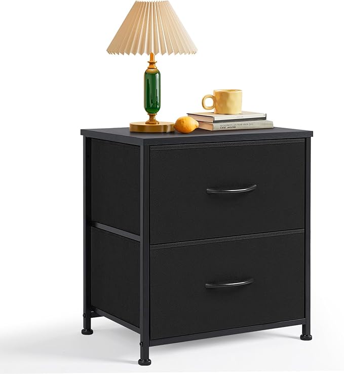 Bedroom Furniture SageNest Nightstand, Small 2 Drawer Dresser End Table Bedside Furniture, Wooden Top Fabric Bins for Bedroom, Closet, Entryway, Dorm, 11.8" D x 18" W x 20", Black