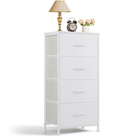 Bedroom Furniture SageNest Nightstand, 4 Drawer Dresser End Table Bedside Furniture with Wooden Top Steel Frame Fabric Bins for Bedroom, Closet, Entryway, Dorm, Living Room, White