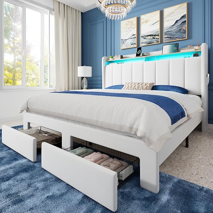 Bedroom Furniture Allewie Allewie Velvet Vertical Tufted Queen Upholstered Platform Bed Frame with 2-Tier LED Storage Headboard & 2 Storage Drawers, USB & Type-C Charging Ports, No