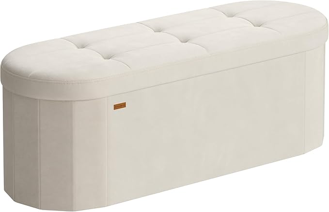 Bedroom Furniture SONGMICS SONGMICS Mazie Collection - Folding Ottoman with Storage, Oval Storage Ottoman Bench, for Living Room, Bedroom, Velvet Fabric, 15 x 43 x 15 Inches, Cream White