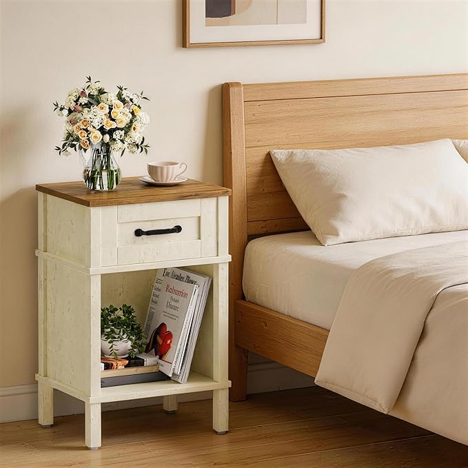 Bedroom Furniture YAUKTAK White Farmhouse Nightstand with Drawer, Small Wooden Bedside Table, White End Table, Bedroom Side Table with Storage, Rustic Wood Night Stand LET512WR