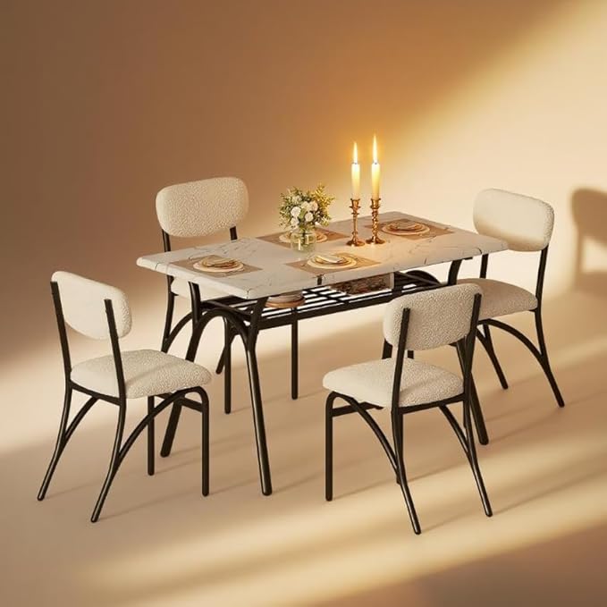 Living Room Furniture GarveeHome GarveeHome 5-Piece Dining Table Set for 4, Modern Kitchen Table with 4 Boucle Chairs, Rectangular Dining Table with Storage Shelf & Marble Tabletop