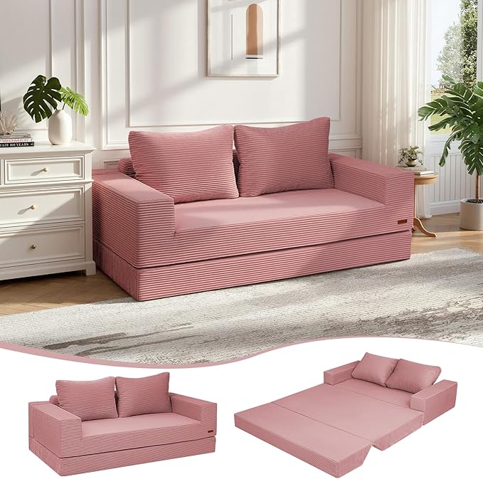 Living Room Furniture COMAX COMAX Convertible Sofa Bed Queen, Corduroy Folding Floor Couch Pull Out Couch Bed Futon Sleeper with Pillows, Fold Out Boneless Sofa Comfy Lounge Mattre