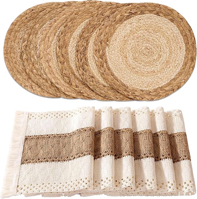 Kitchen Decor baklean Handmade Boho Placemats Set of 6 - Natural Cotton Burlap and Water Straw Woven Rattan Wicker Braided Combination Table Mats, Macrame Table Décor Farmhouse Boh
