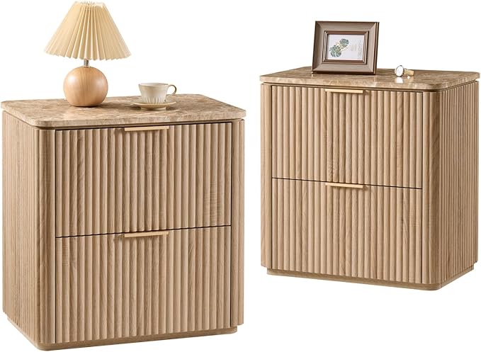 Bedroom Furniture DelArk Fluted Nightstand Set of 2, Bedside Table with 2 Drawers, Engineered Wood End Table with Faux Marble-Top, Curved Corners, Metal Handle, Modern Night Stand
