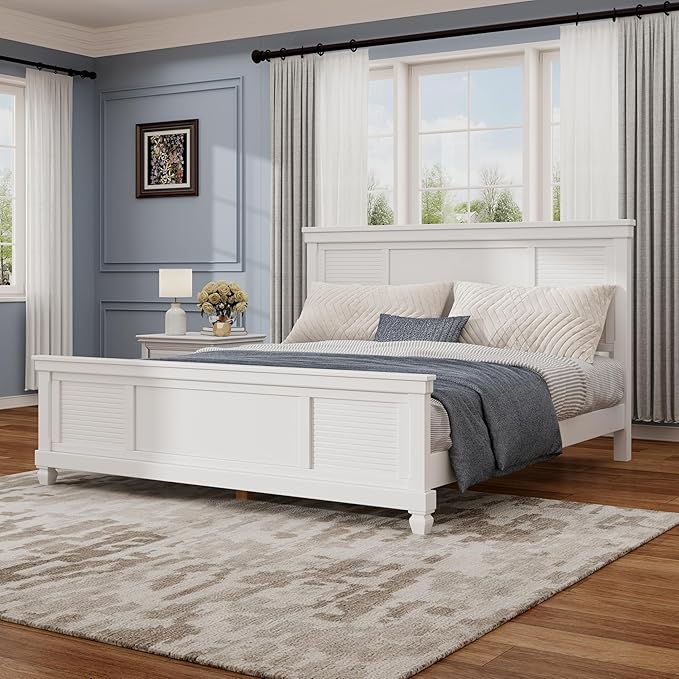 Bedroom Furniture Merax Merax Queen Size Bed Frame with Wood Headboard, Farmhouse White Platform Bed Frame