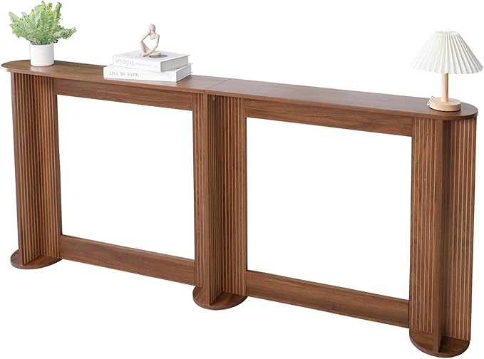 Living Room Furniture Xyulmeo 71 Inch Narrow Console Table Behind Couch, Mid-Century Modern Fluted Skinny Entryway Table, Long Slim Sofa Table for Hallway, Living Room, Wood, Brown