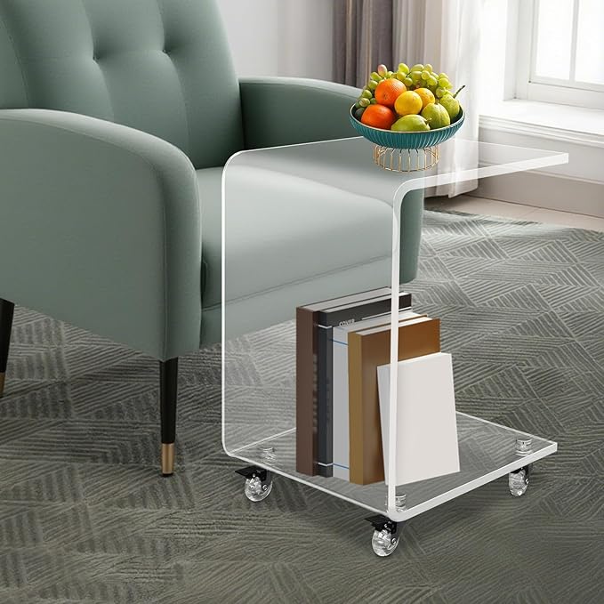 Living Room Furniture ARPITUYN C-Shaped Side Table, Multipurpose Acrylic Clear Side Table with Wheels