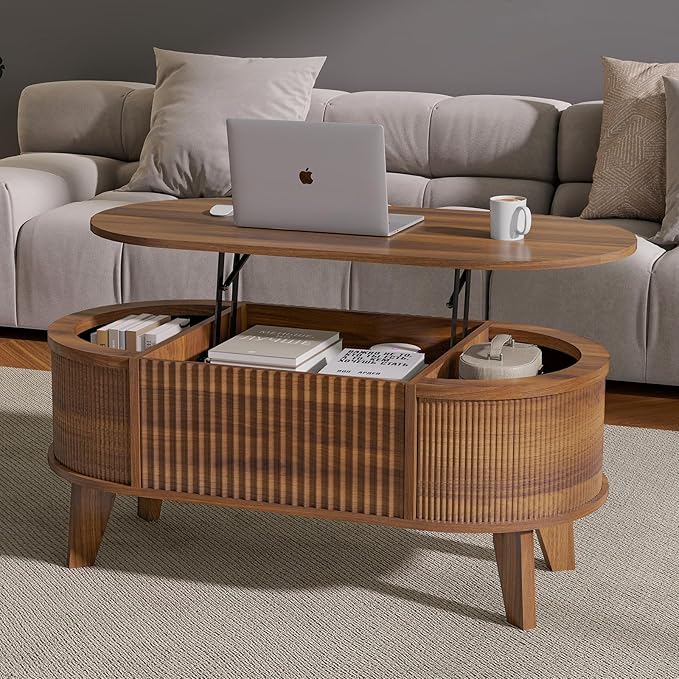 Living Room Furniture LYNCOHOME LYNCOHOME Fluted Lift Top Coffee Table with Storage,Modern Oval Coffee Table for Living Room or Home Office(Walnut)