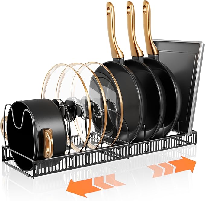 Kitchen Organisation SYOOUYRE Pots and Pans Organizer Rack for Under Cabinet Expandable Pot Lid holders inside Organizer 10 Adjustable Divider Pan organizer 11.81