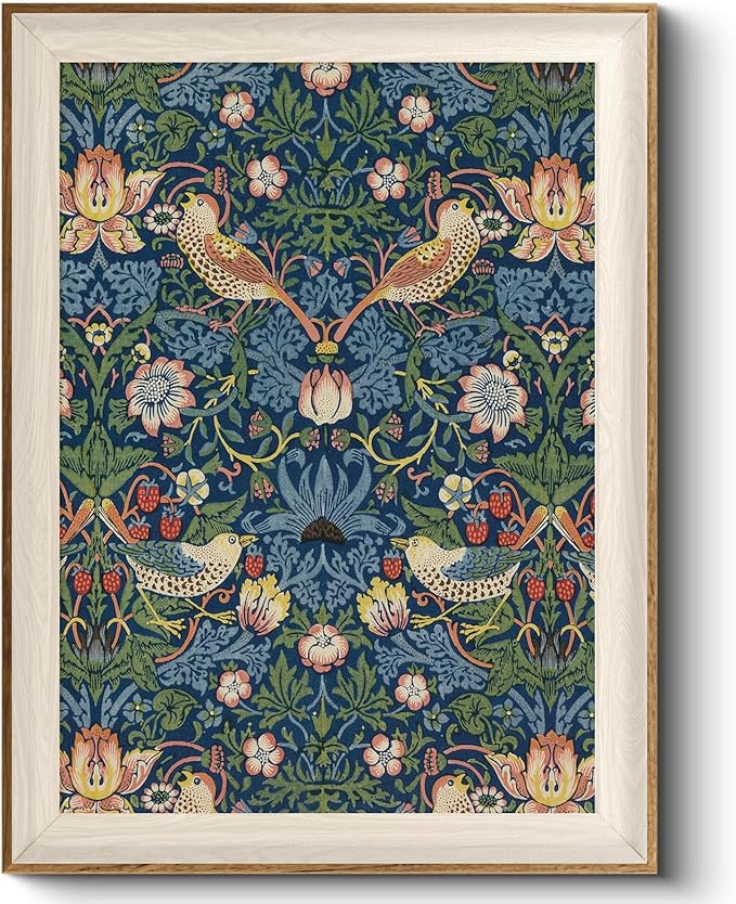 Kitchen Decor HUARCEY Vintage Floral Framed Wall Art Strawberry Thief 12x16 Inch, Classic William Morris Style Birds Flowers Pattern Canvas Prints, Retro Victorian Botanical Design