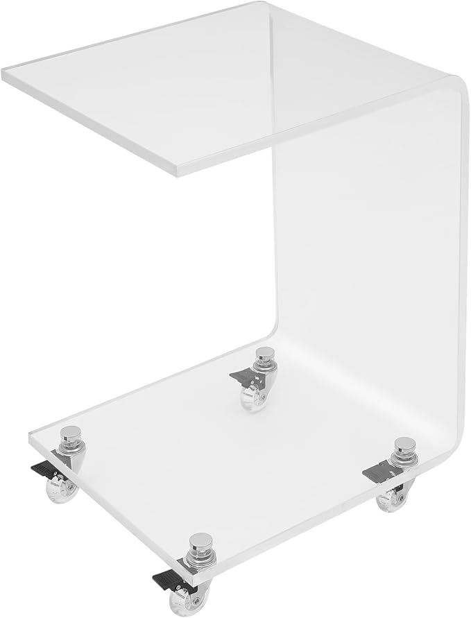 Living Room Furniture GrfceVue Modern Acrylic Side Table, C-Shaped Sofa Table Nightstand with Storage and Lockable Wheels, Acrylic Sofa Side Table Snack Table On Wheels for Living