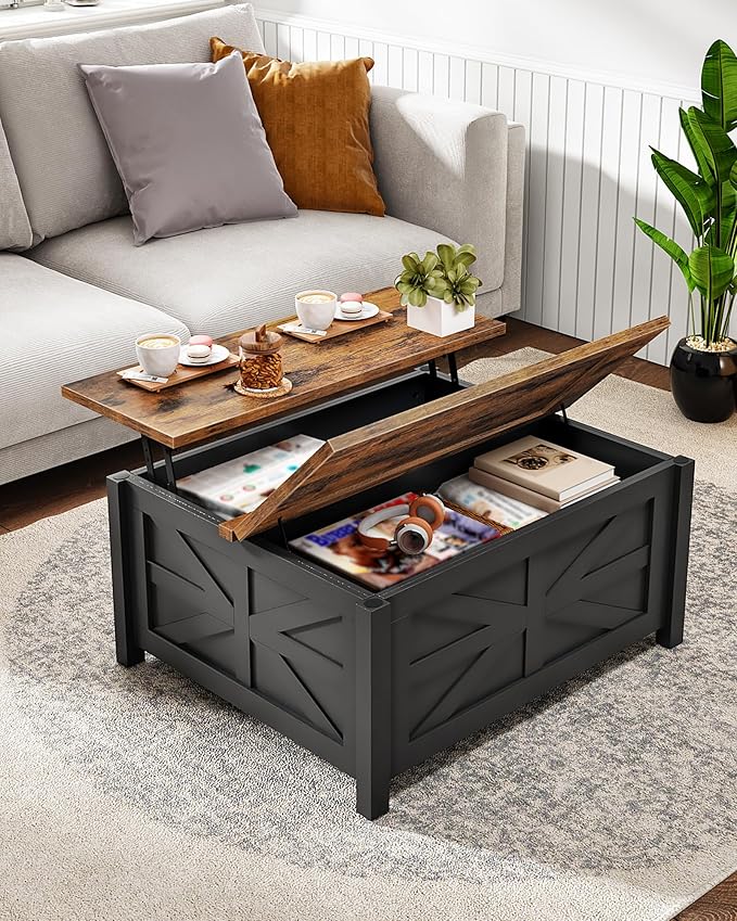 Living Room Furniture CHOEZON 31.5" Lift Top Coffee Table, Farmhouse Coffee Table with Charging Station and Storage, 2 AC Outlets and 2 USB Ports, Black and Rustic Brown MKF02UBFN1