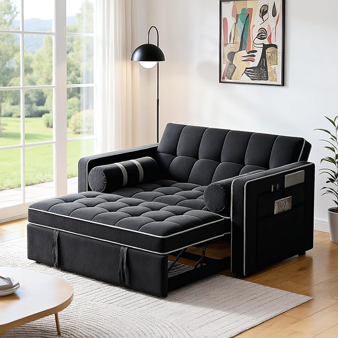 Living Room Furniture Pipishell Pipishell 3 in 1 Sleeper Sofa Bed, Pull Out Couch for Living Room with USB Ports & Side Pockets, Adjustable Backrest, Convertible Loveseat Sofa Bed, Futon Couches, Charcoal Black Velvet